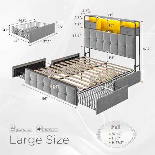 King Size Bed Frame with 4 Storage Drawers and LED Lights, Grey W31210