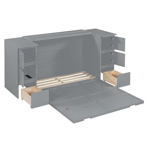 Gray Wood Murphy Bed with Drawers and Cabinets Q458565