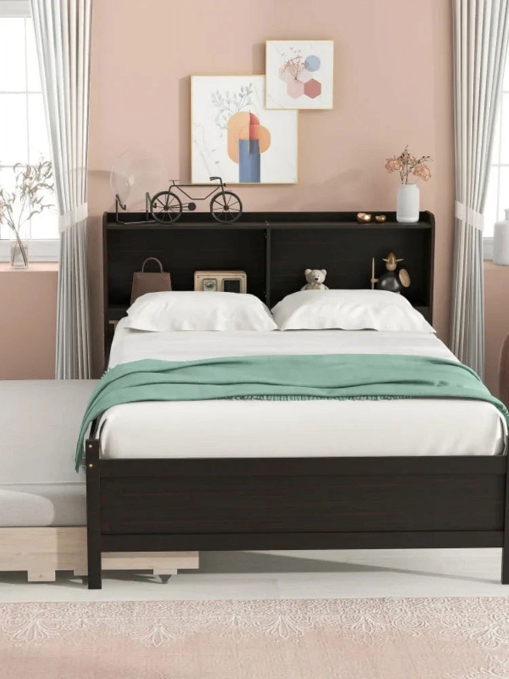 Twin Trundle Bed with Bookcase and Drawers Espresso U511