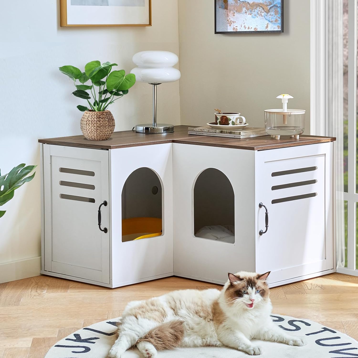 White Corner Litter Box Enclosure Cabinet, 31.5 x 17.7 x 19.7 in P60402