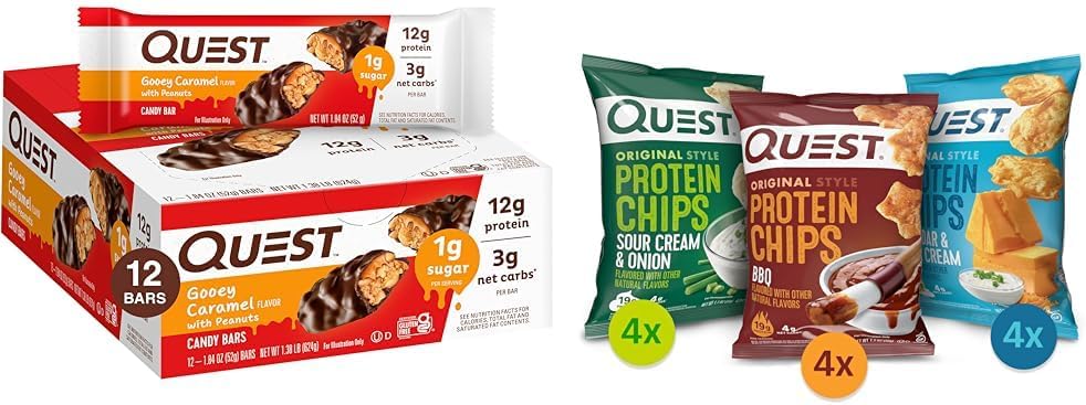 Candy Bars Gooey Caramel with Peanuts (12 Bars) and Protein Chips Variety Pack, 1.1 Ounce (Pack of 12) W5760