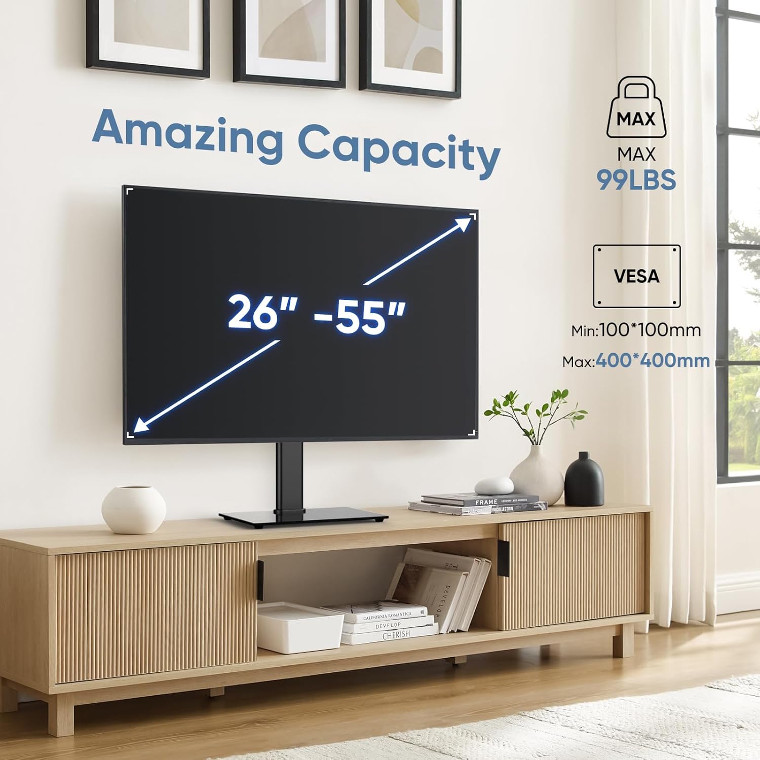 Height Adjustable Swivel TV Stand with Tempered Glass Base, Max VESA 400x400mm S808009