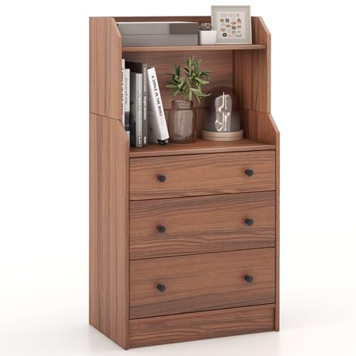 3 Drawers Dresser with Shelves, Tall Nightstand with 2 Open Shelves, Chest of Drawers (Walnut) P760