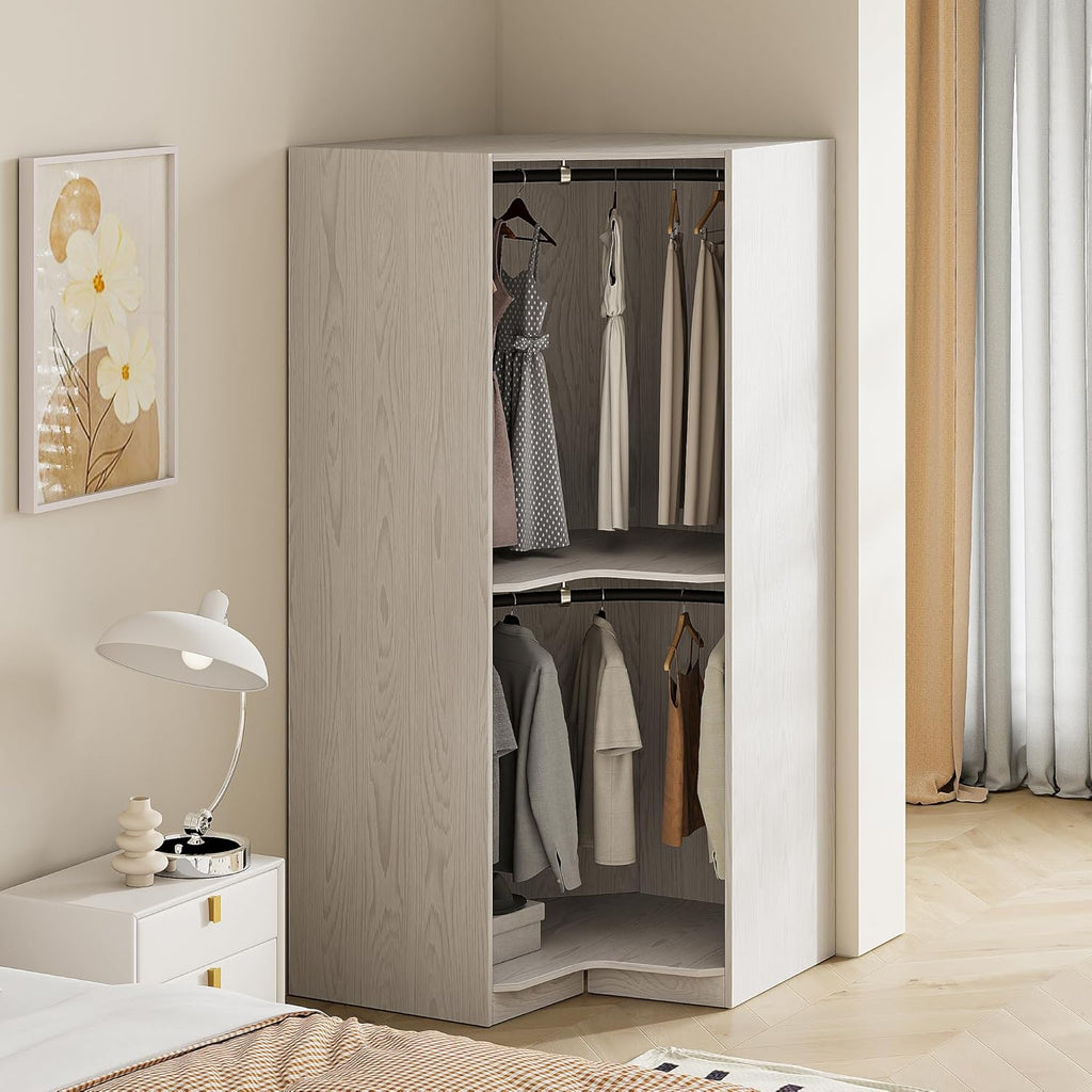 Natural Freestanding Wooden Corner Armoire Wardrobe Closet Cabinet with Hanging Rail U56343