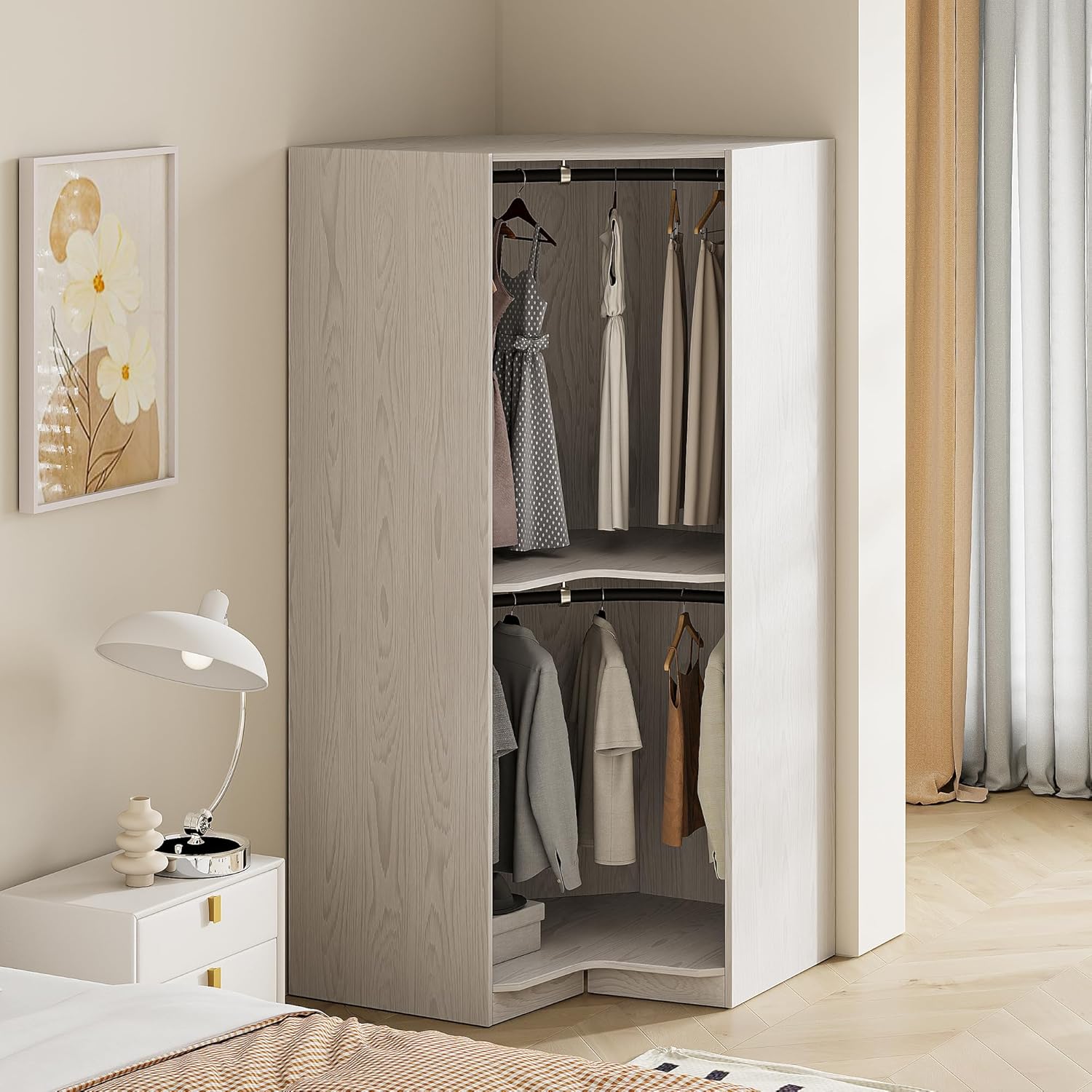 Natural Freestanding Wooden Corner Armoire Wardrobe Closet Cabinet with Hanging Rail U56343