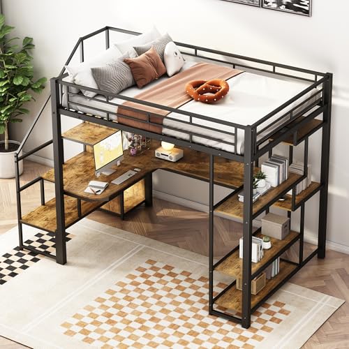 Black Metal Loft Bed with Desk and Stairs X603
