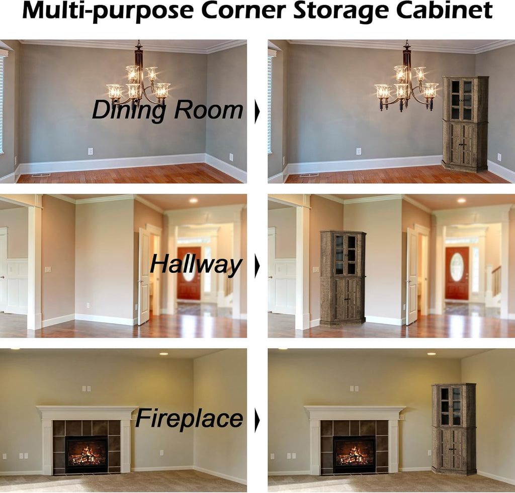 Rustic Brown Tall Corner Storage Cabinet with Glass Doors and Adjustable Shelves X59575