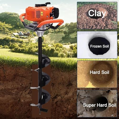 72cc Gas Powered Earth Auger with Three Drill Bit 4" 6" 8" and Three Extension Rods 8" 12" 20" E95142
