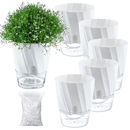 5 Pack Self Watering Planters 6 Inch Plastic Plant Pots, White F4086