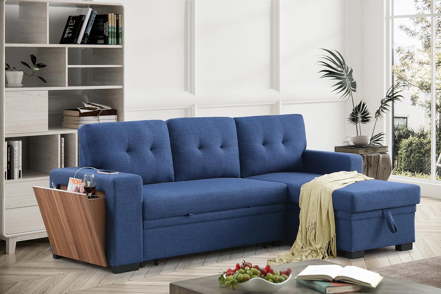 Blue L-Shaped Sectional Sleeper Sofa with Storage Chaise and Pull-Out Bed O1669