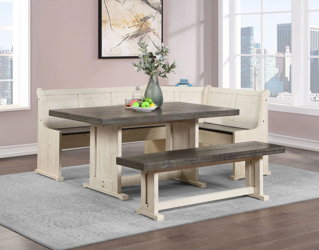 Off White Grey Wood Dining Table Set with Corner Storage Bench B6250