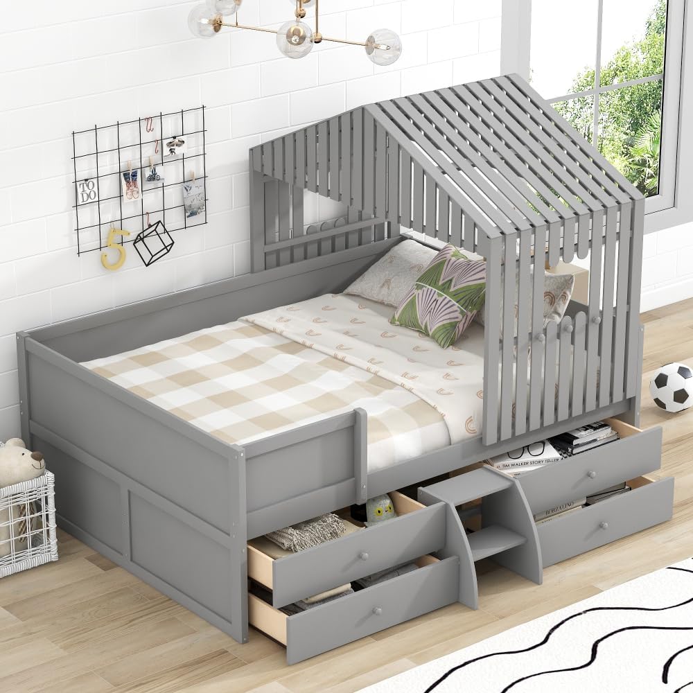Gray Low Loft Bed with Four Drawers D65649