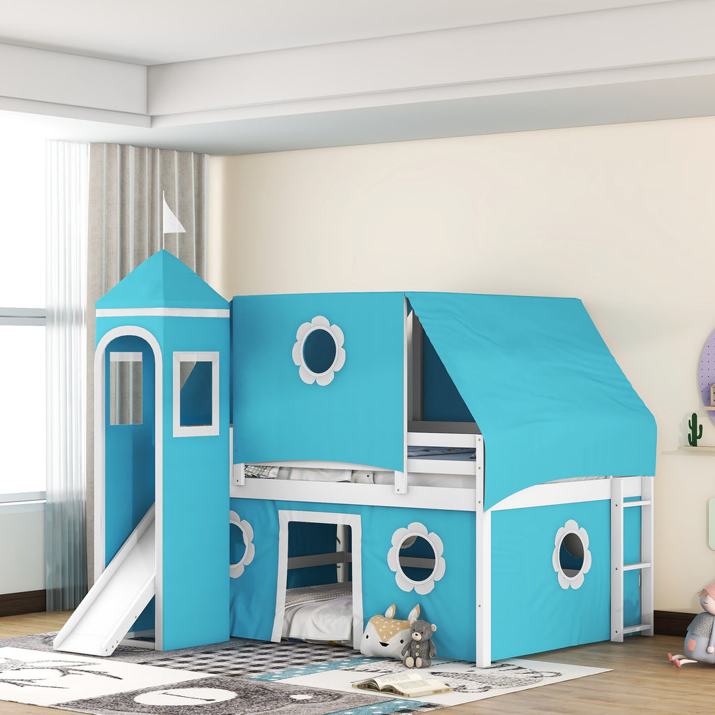 Blue Full Solid Wood Bunk Bed with Ladder and Safety Guardrail R410047