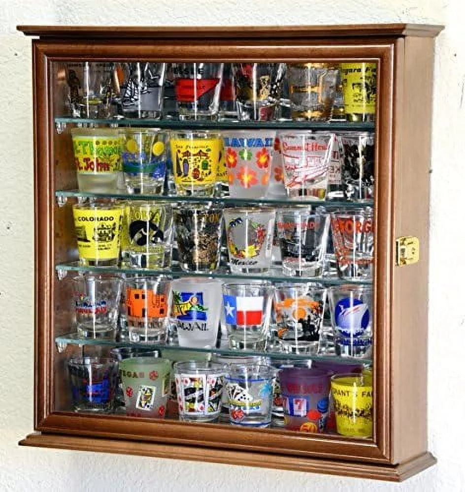 Walnut Adjustable Shelves Shot Glass Display Case with Mirror Back B8372