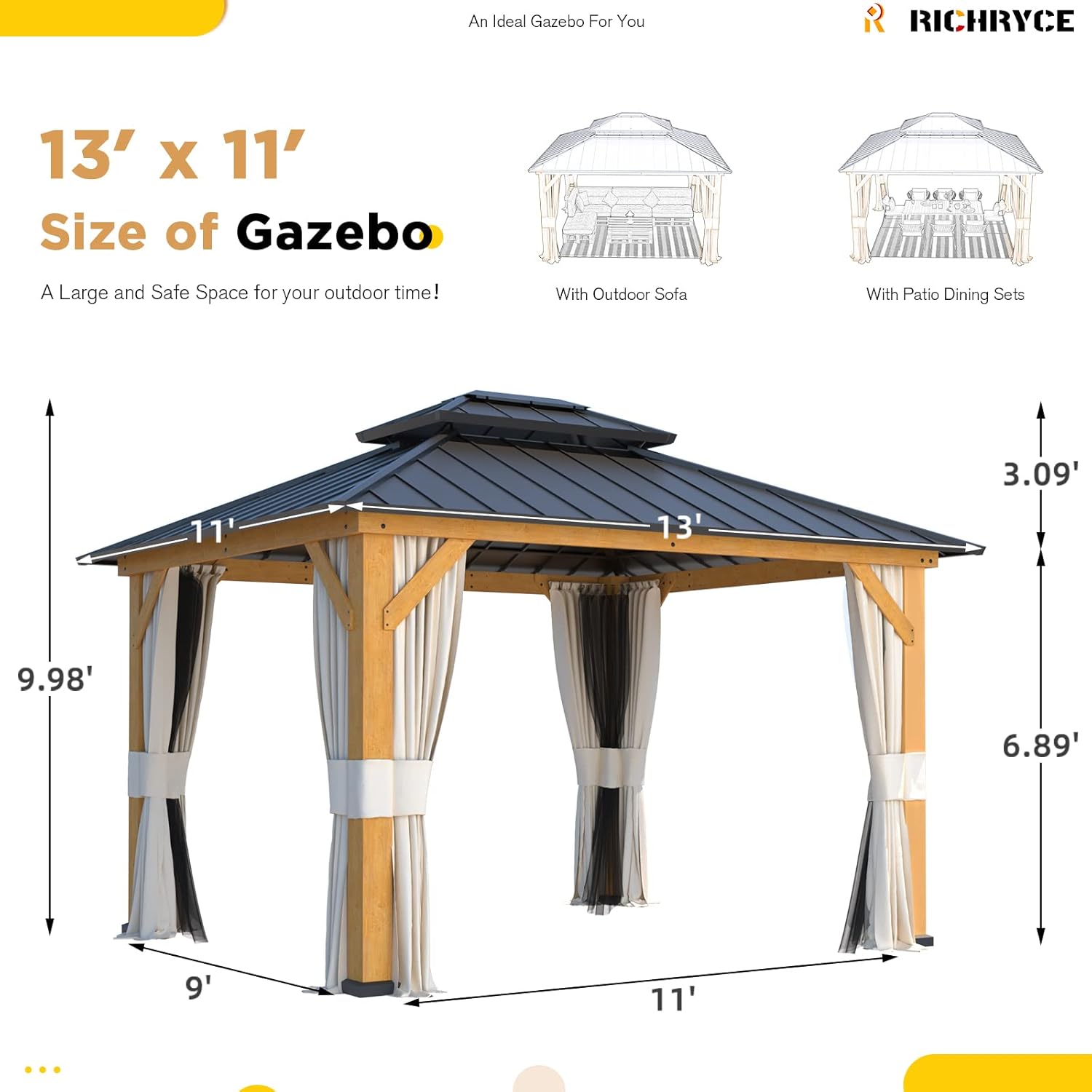Solid Wood Gazebo with Metal Roof and Netting A120917