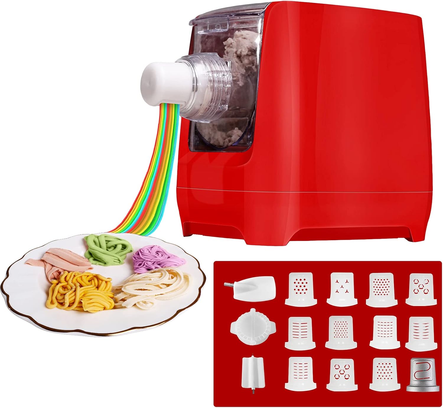 Red Pasta Maker Machine, Automatic Noodle Extruder, 12 Noodle Shapes R6002