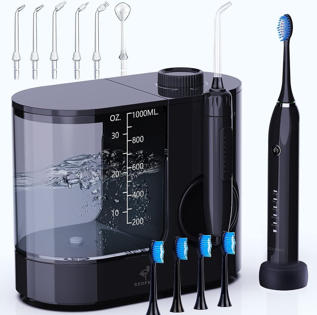 1000ML Detachable Water Tank Electric Water Flosser Toothbrush Combo with 7 Jet Tips & 4 Brush Heads Z5078