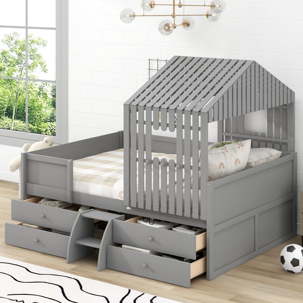 Gray Low Loft Bed with Four Drawers D65649