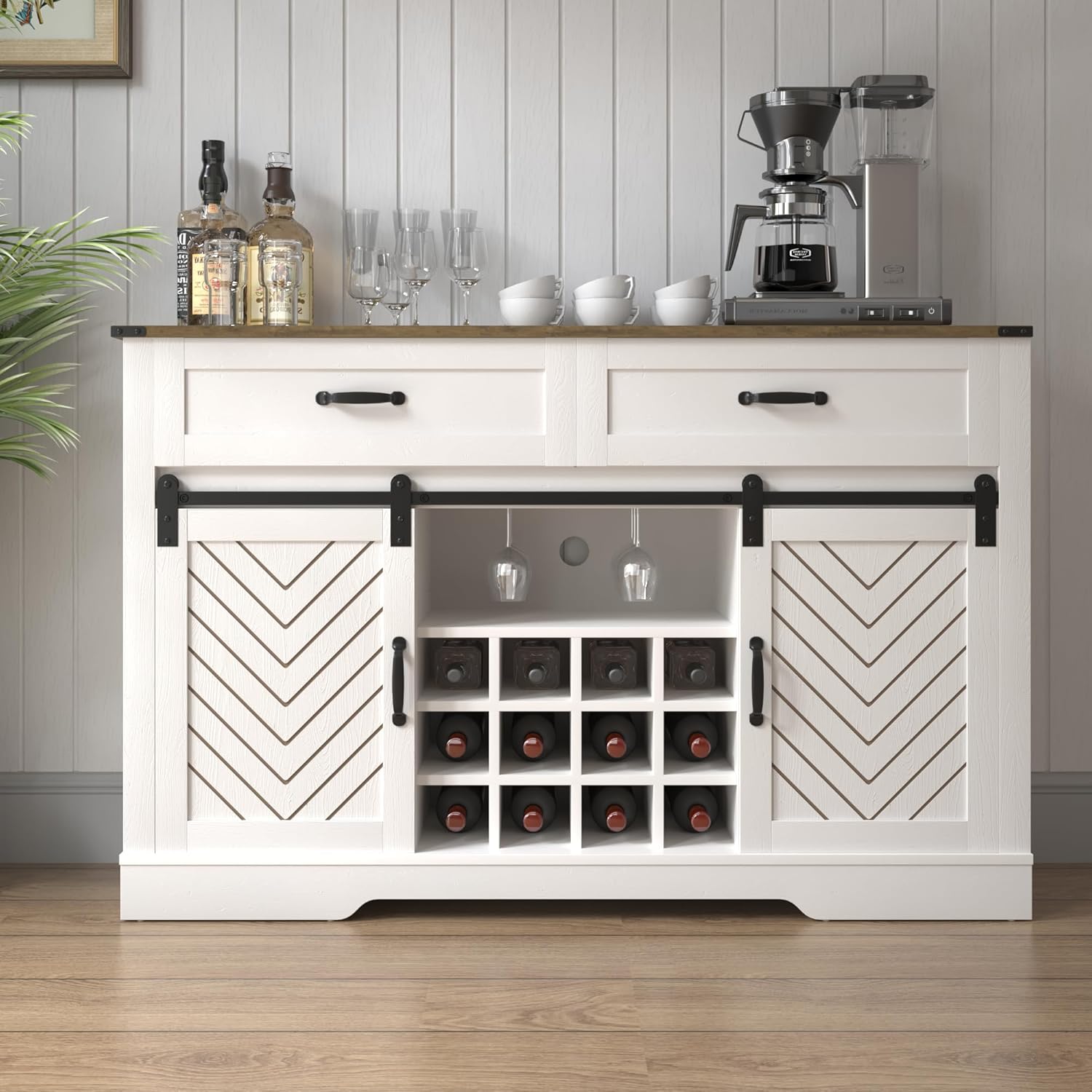 White & Oak Sideboard Cabinet with Sliding Barn Door, 3 Drawers L380