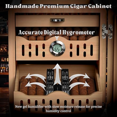 Glass top Cigar Humidor Cabinet with Spanish Cedar Tray, Digital Hygrometer（Black） K7278