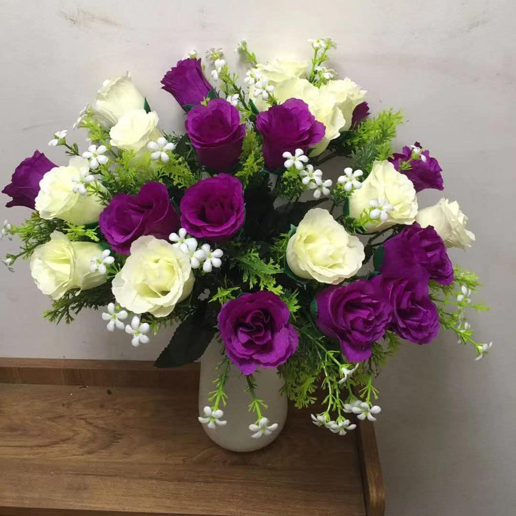 Purple White Artificial Cemetery Rose Flowers (1) W860393