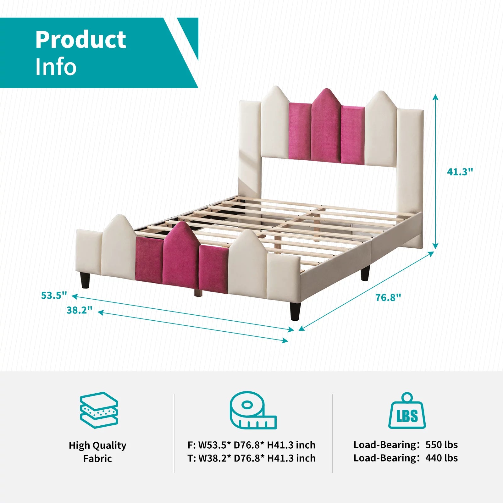 Pink Full Wood Upholstered Bed Frame with Headboard P504593
