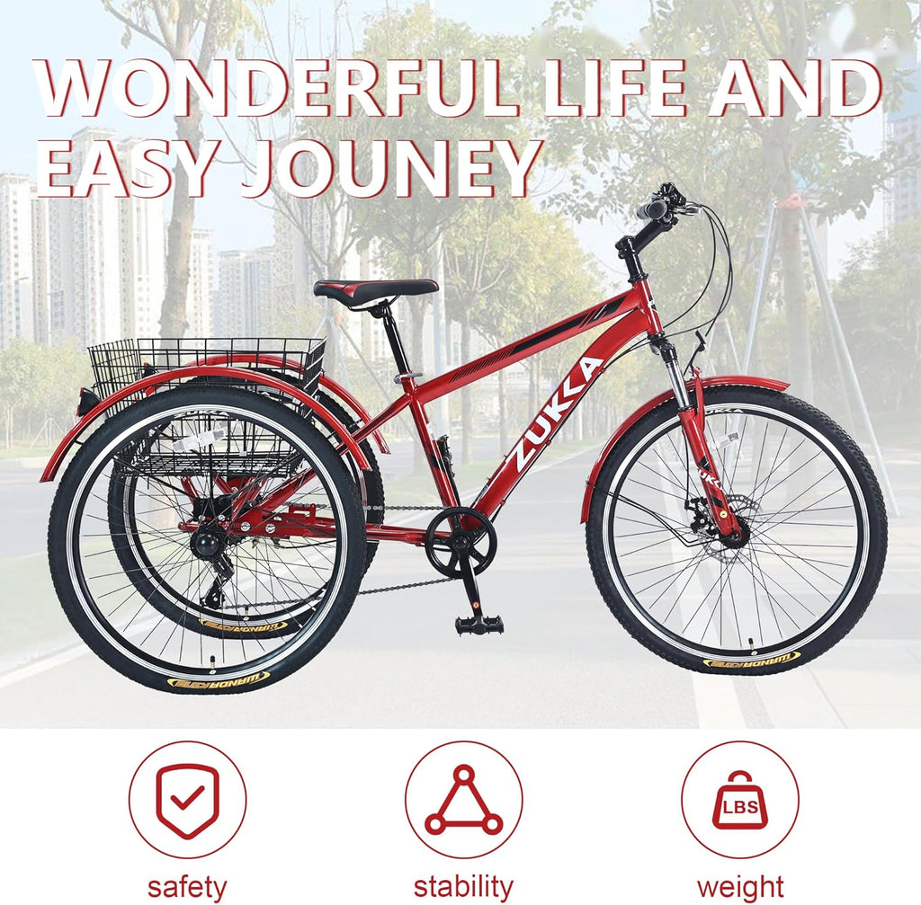 7-Speed 26-Inch 3 Wheels Adult Tricycle with Rear Basket O524230
