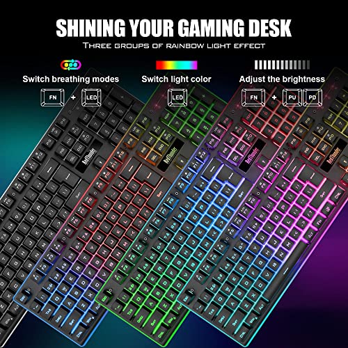 Wireless Gaming Keyboard and Mouse Combo with LED Backlit Rechargeable 3800mAh Battery, Mechanical Feel Anti-ghosting Keyboard and 7D 3200DPI Mice (Black) V3955
