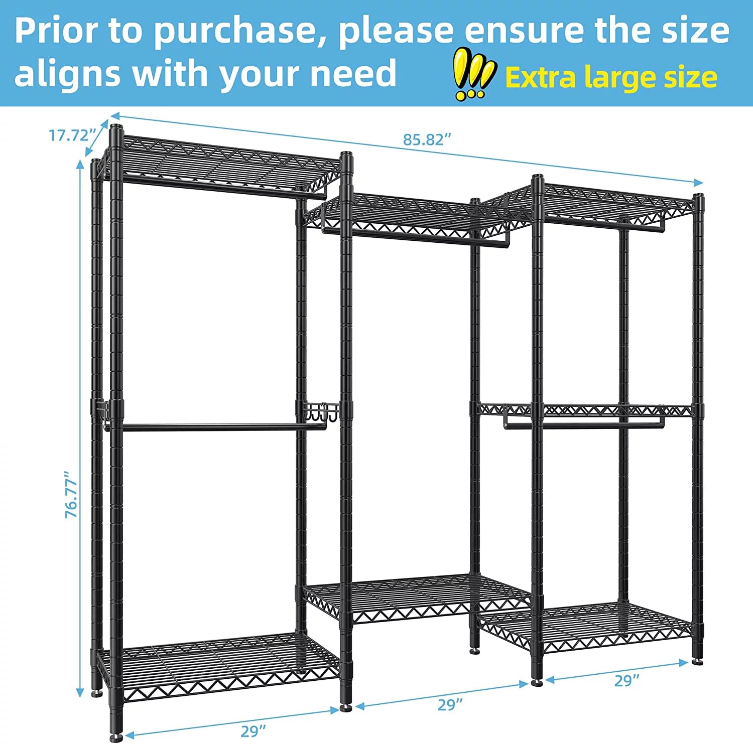 7 Tiers Black Metal Garment Rack with 5 Hanging Rods C7161