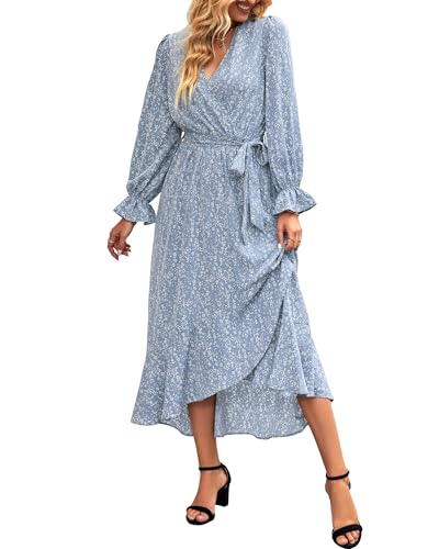 Women Long Sleeve Wrap Maxi Dress V Neck Floral High Waist Flowy Ruffle Dresses with Belt J197415