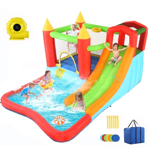 Inflatable Bouncy House with Ball Pit, Wide Slide, Ball Pool, Basketball Hoop, Dart Target, Blower J3405