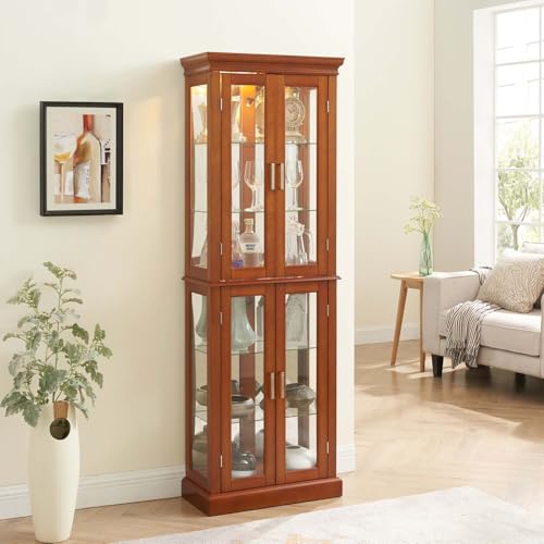 Cherry Wood Curio Cabinet with Tempered Glass Doors W85999