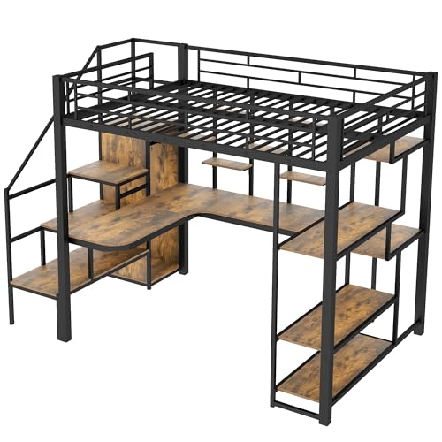 Black Metal Loft Bed with Desk and Stairs X603