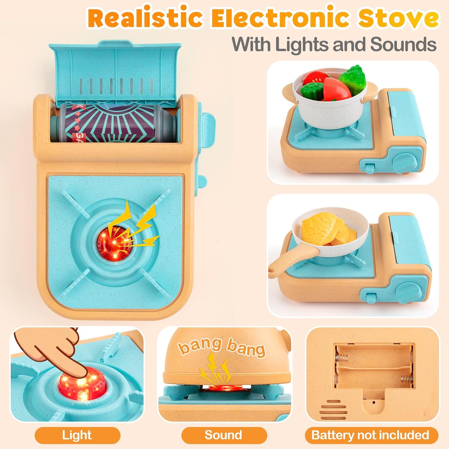 44PCS Kids Kitchen Playset Cookware Toys with Play Pots and Pans, Gas Stove with Sound & Light, Cooking Utensils G6191