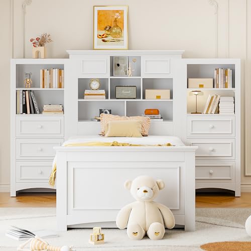 Gray Twin Wood Platform Bed with Bookcase Headboard and 10 Drawers G721527
