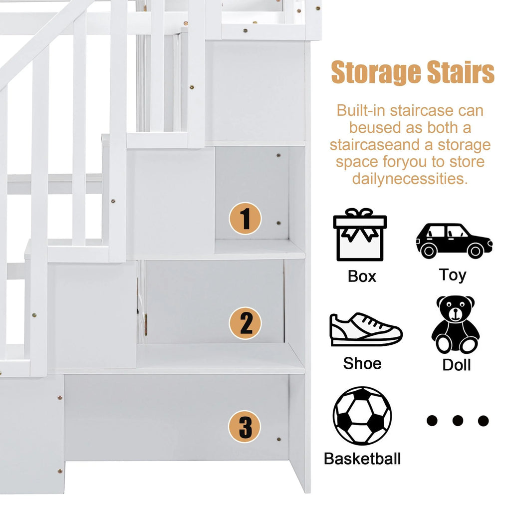 Twin Size Wood Loft Bed with Stairs and Wardrobe N56145