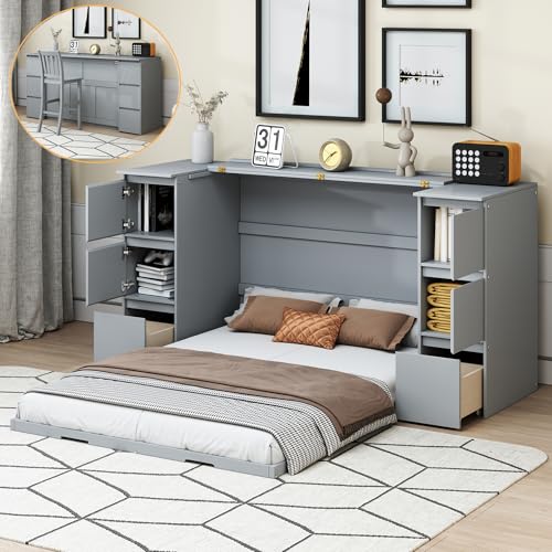 Gray Wood Murphy Bed with Drawers and Cabinets Q458565