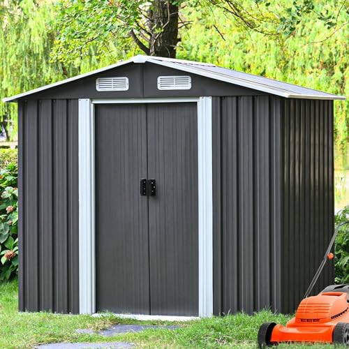 8 x 6FT Grey Metal Outdoor Storage Shed with Sliding Door I816333