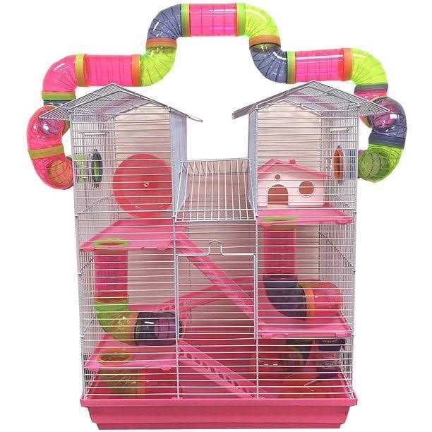 Pink Large 5-Levels Twin Tower Hamster Mouse Habitat Wire Animal Cage With Long Crossover Tube Y497975