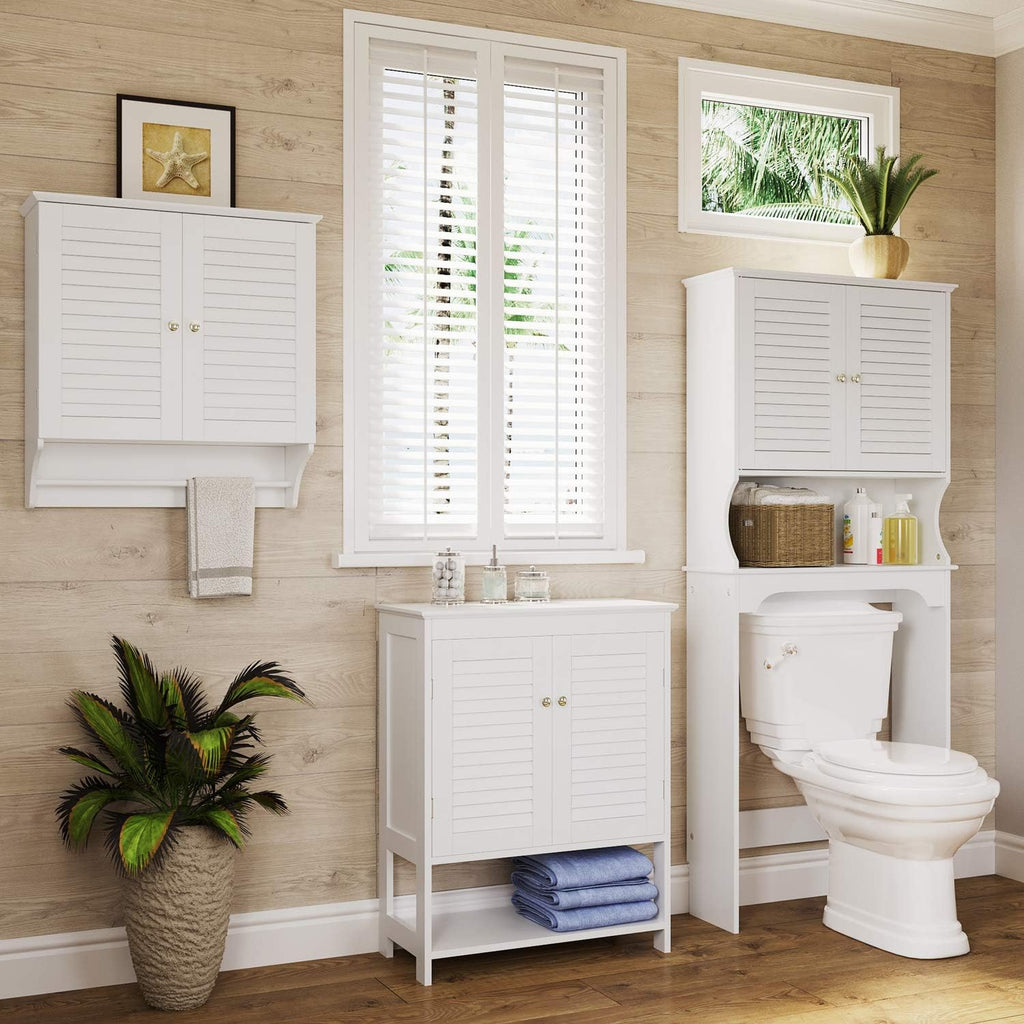 White Two-Door Floor Cabinet with Open Shelf Q56503