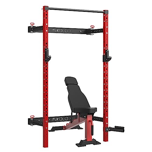 Folding Wall Mounted Squat Rack, 1000 Pounds Capacity Power Rack with Weight Bench, Pull Up Bar, J Hooks T69419