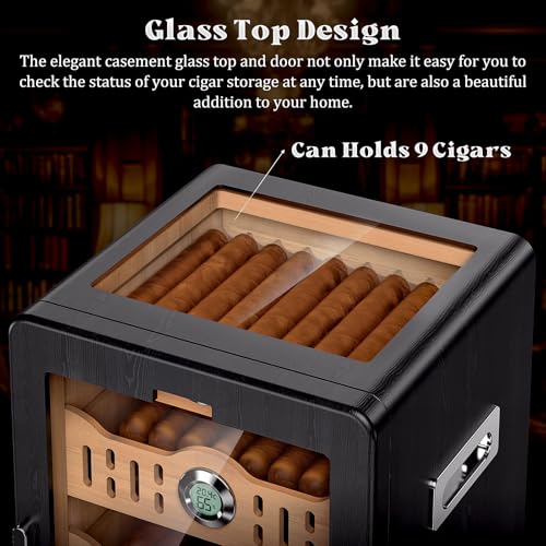 Glass top Cigar Humidor Cabinet with Spanish Cedar Tray, Digital Hygrometer（Black） K7278