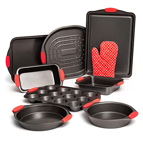 Black Non-Stick Carbon Steel Baking Sheet Set with Silicone Handles C54624