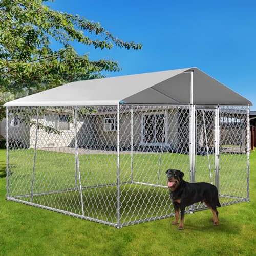 10×10×7FT Outdoor Dog Kennel with Roof, Heavy Duty Chain Link I135