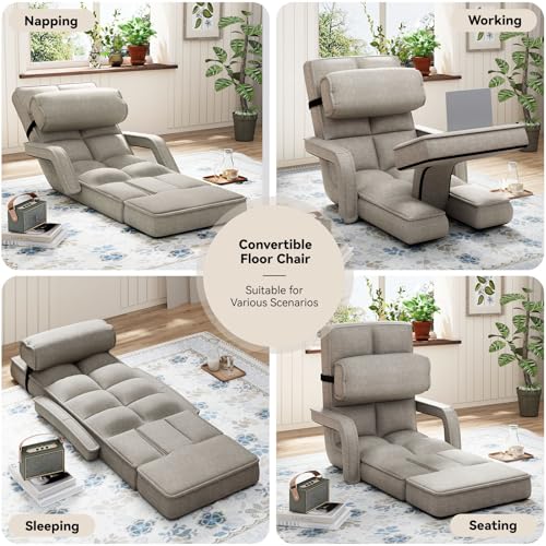 Padded Folding Floor Chair with 14-Level Adjustable Backrest (Dark Grey) A1503