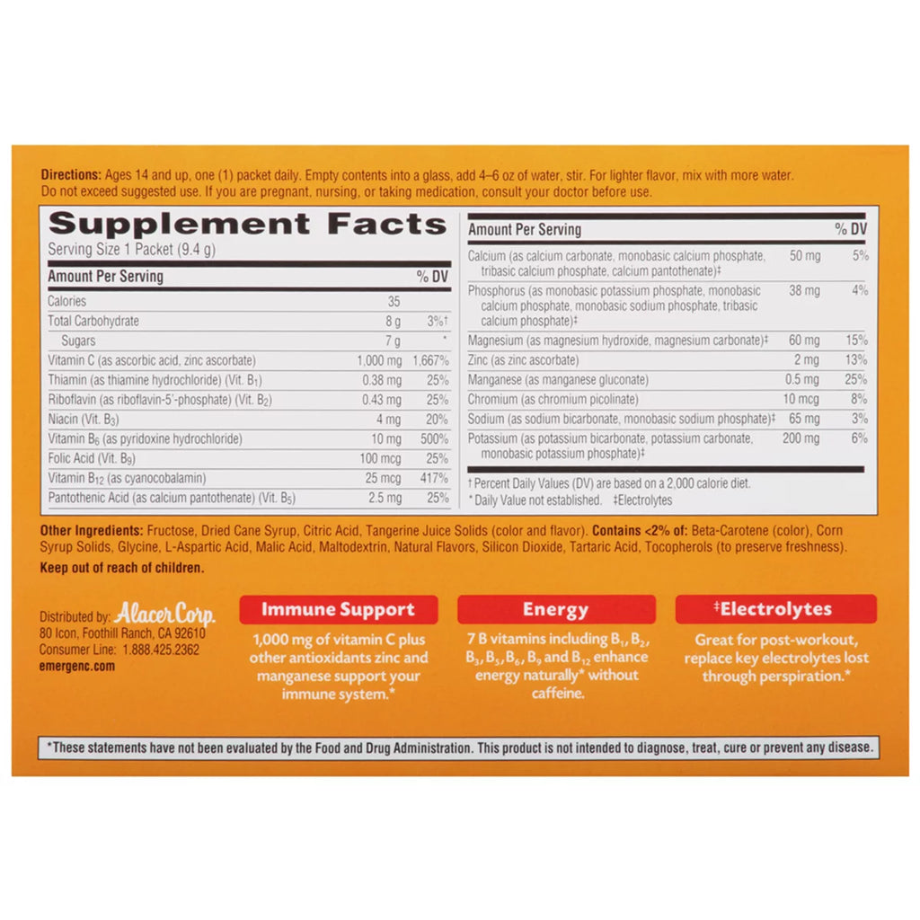 30 Count Tangerine Flavor Dietary Supplement Drink Mix with 1000 mg Vitamin C, 0.33 Ounce Packets B978
