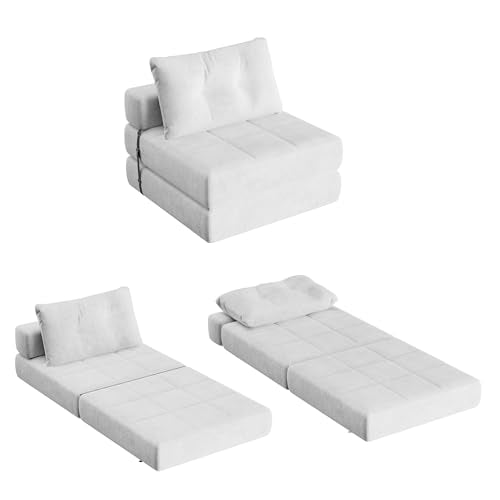 White Chenille Folding Sofa Bed with Headrest & Lumbar Pillow F278