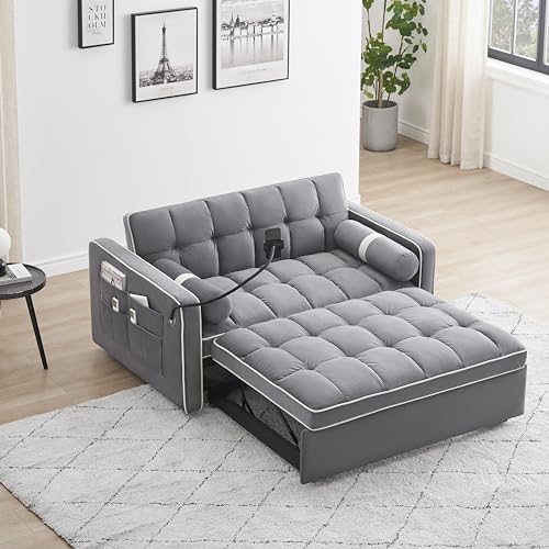 Beige Velvet Convertible Sleeper Sofa with Pull Out Bed D80398