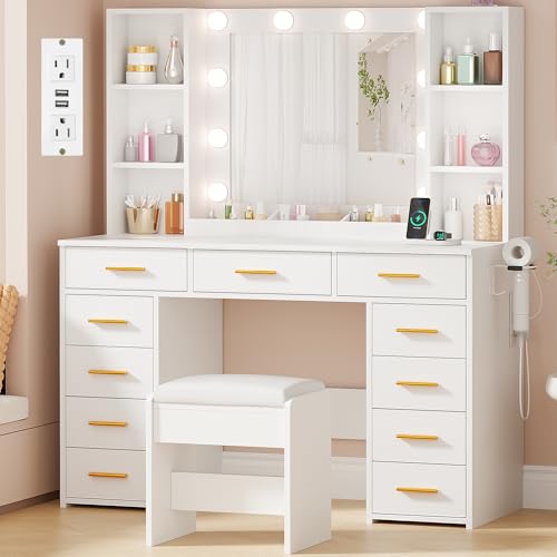 White Vanity Desk with Mirror and Lights 11 Drawers 9 Shelves Vanity Table with Stool U662