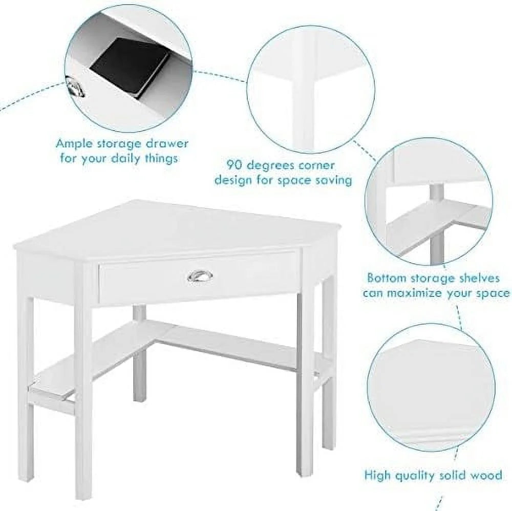White Corner Desk with Drawer and Shelves A5612